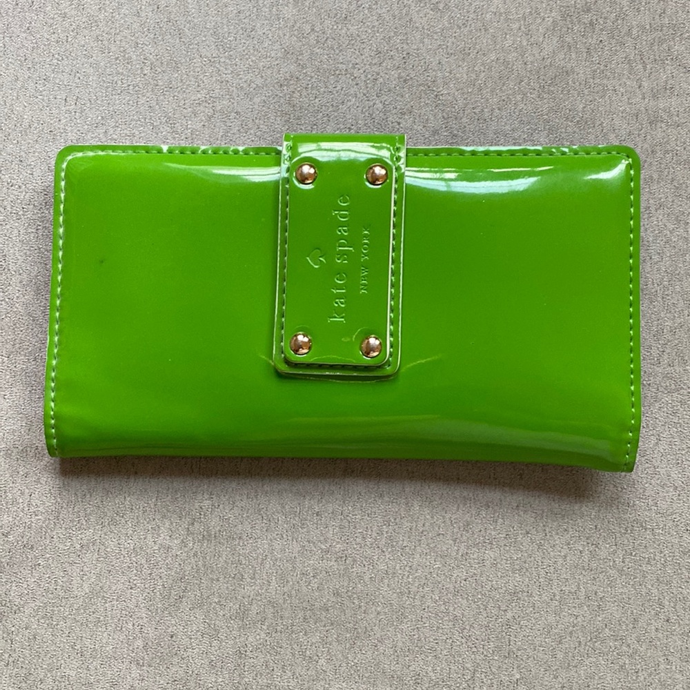 Kate Spade patent leather slim wallet, green.